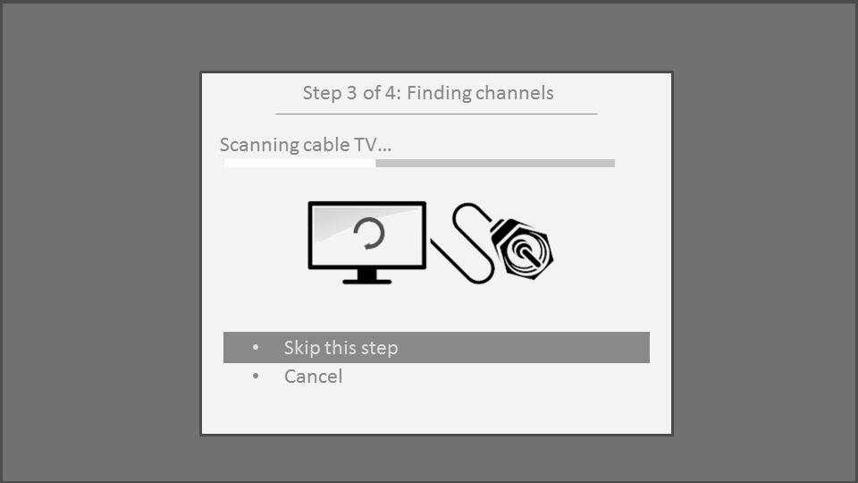 Setting up Antenna TV and then cable TV channels. Scanning for channels can take several minutes.