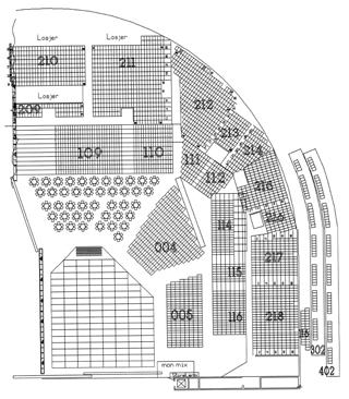 : Predicted SPL on main floor seating plane at 2k center frequency, in venue with very high suspended arrays. Figure #13.