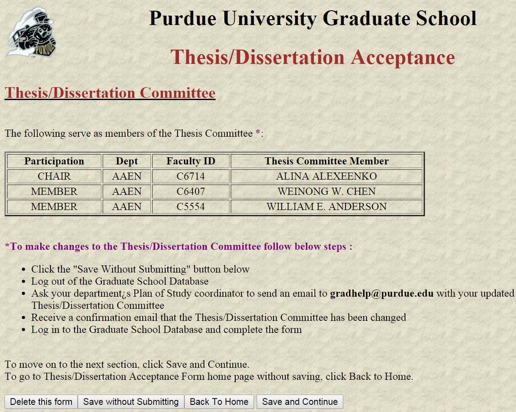 Review your Thesis/Dissertation Committee. If the list is correct, click Save and Continue.