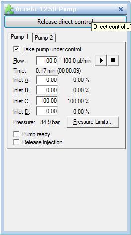 5. Turn on the LC Accela 1250 pump direct control. 6. Check the take pump under control.