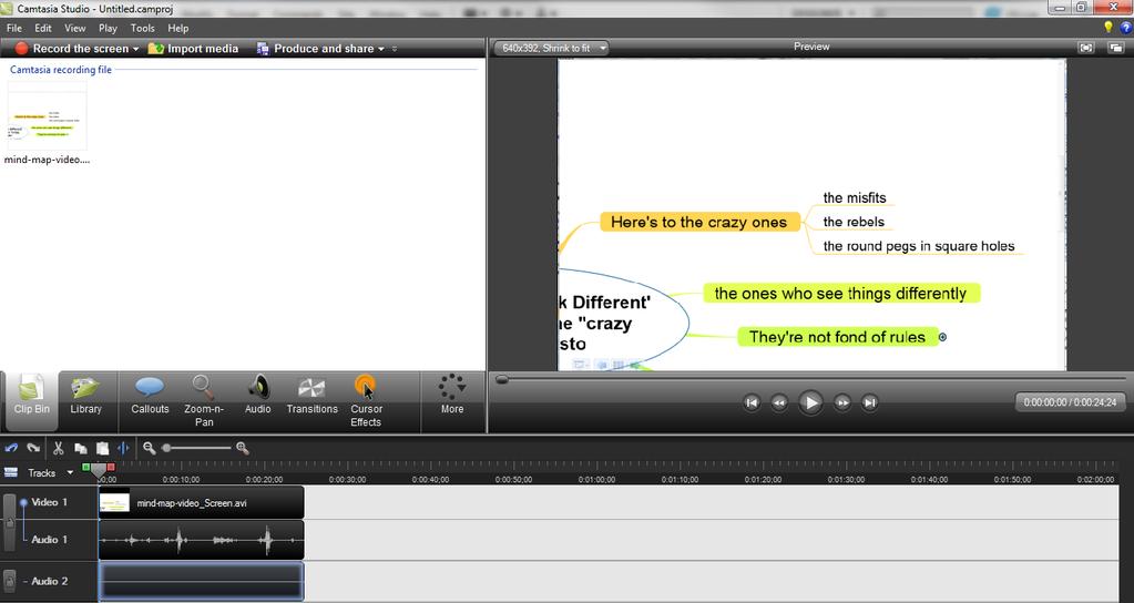 Record a mind map presentation Page 7 Producing your video Step 11: Get ready to edit your video After you save your video clip, Camtasia will return you to the main screen of the Studio application,