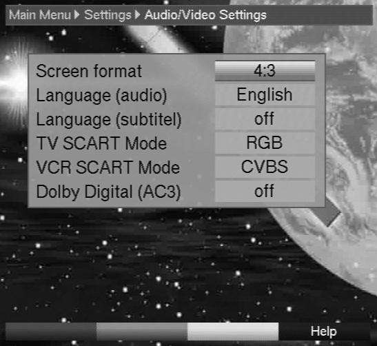 6-4) > Now use the arrow keys up/down to select the line Audio/Video Settings. The menu Audio/Video Settings will be displayed. (Fig.