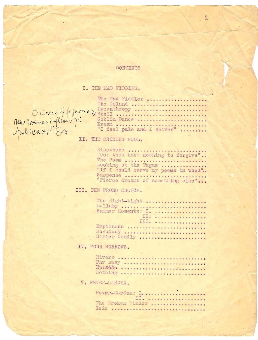 Fig. 16. Typescript of first page of two of the table of contents of The Mad Fiddler. Page numbered 2. Manuela Nogueira s Private Collection.