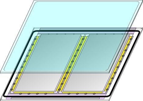 Schematic of OLED panel with light outcoupling substrate cavity glass for encapsulation 16 ~ 16 ~ cathode glass substrate with electrode pattern emissive area organic layer plastic film anode