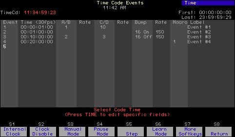 Creating time code programs Create time code programs in the Time Code Events display or in Learn mode. Press [Enter] to move from field to field for an event.