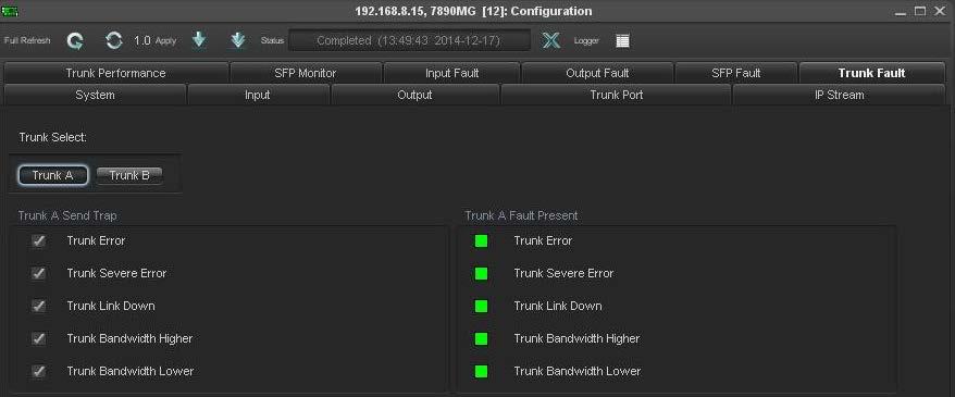 4.11. TRUNK FAULT TAB Figure 4-11: VistaLINK PRO - Trunk Fault Tab Trunk Select: Brings up the Trunk Fault SNMP Error Traps for Trunk A and Trunk B.