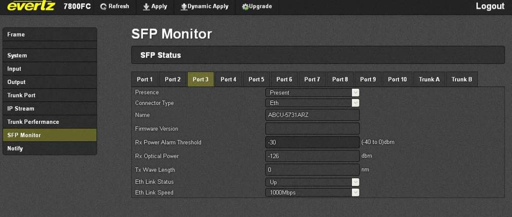 5.7. SFP MONITOR Figure 5-7: WebEasy SFP Monitor Page Port Select: The 7890MG-10GE possesses 12 SFP module sockets. 10 for the access and 2 for the trunk.