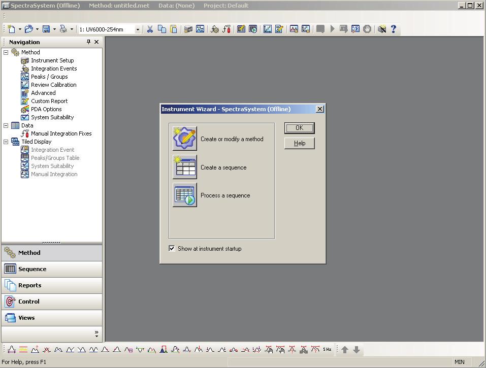 3 Creating a Method for Instrument Control Opening the Instrument Setup Window Figure 15. ChromQuest (Offline) Instrument window with the Navigation bar and Instrument Wizard 4.