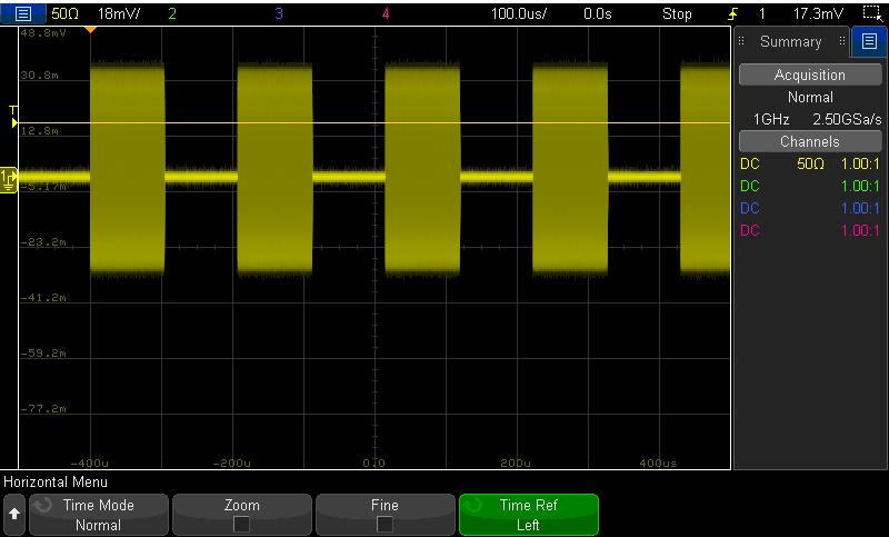 At this point we need to change the timebase setting (sec/div) in order to capture a series of modulated bursts/packets.
