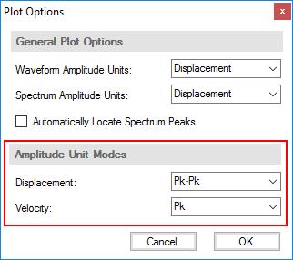 From the Plot Options screen, the user can specify the amplitude unit mode for the displayed spectral data.