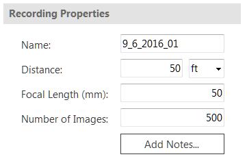 Number of Images If the duration type is set to Number of Frames this option will be visible. The entered value specifies the length of the recording in terms of the number of images to collect.