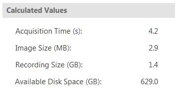 Recording Size (GB) Total size of the recording based on the number of images. Available Disk Space (GB) -Available space on the disk drive selected to store recordings. 2.