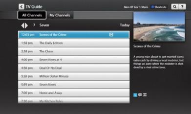 Press or on the remote or select TV Guide from TV on the main menu. 2. Press or to skip forward and back a day in the TV Guide. 3.