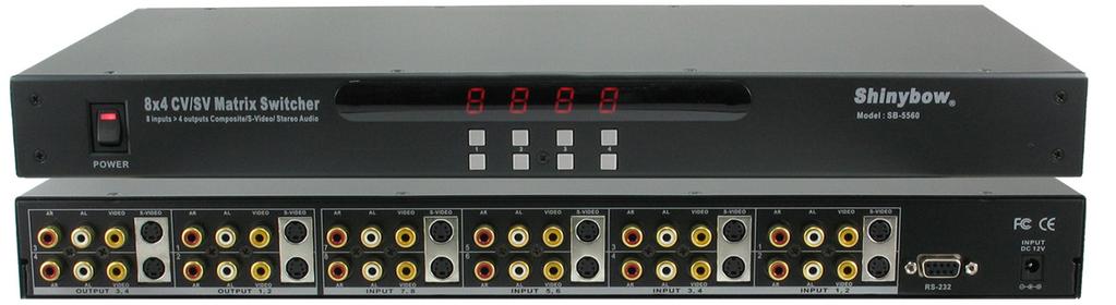TYPICAL HOOKUP AND OPERATION SB-5560 FRONT VIEW: Power SW: ON/OFF (4) channels LED Display (4) Channel s SW REAR VIEW: Input: (8) S-Video/Component Video/Stereo Audio (RCA) Output: (4)