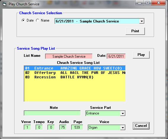 want a list other than this, click on the 'Church Service Selection' drop down list and select the one you want By default, the first song on the list is selected as the first song to play when the
