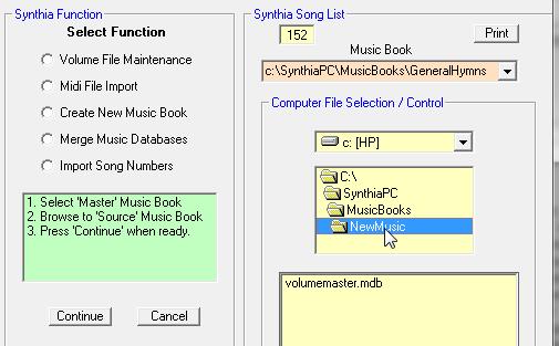 empty master music database file (VolumeMastermdb) To create a new music book, click on the 'Create New Music Book' radio button The 'Setup Book List' screen should then come up Click on an entry in