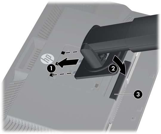 Models ZR2240w, ZR2440w, and ZR2740w use the HP Quick Release 2 mechanism for easy moving of the monitor. To mount the panel onto the pedestal: 1.
