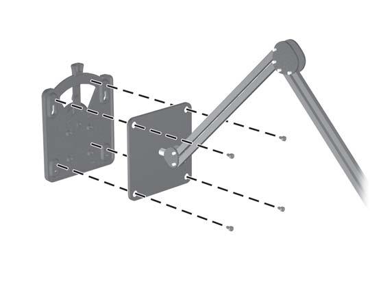 6. Attach the mounting plate to the wall or swing arm of your choice. Figure 3-16 Installing the Mounting Plate CAUTION: This monitor supports the VESA industry standard 100 mm mounting holes.