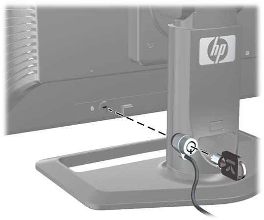 Installing a Cable Lock You can secure the monitor to a fixed object with an optional cable lock available from HP. Figure 3-18 Installing a Cable Lock Turning on the Monitor 1.
