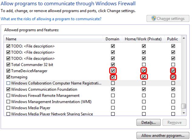 Setup > Allow programs to communicate through Windows Firewall". b) Allow the specified application module(s) to communicate on all three network types (domain, private, public).