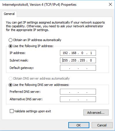 Setup 5. Set a fixed IP address of 192.168.0.1 and enter 255.255.255.0 as subnet mask.
