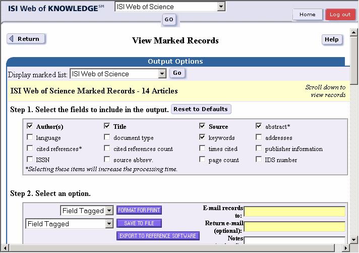 12 Endnote 7 Figure 7. View marked records window from Web of Science with the abstract and keywords marked as additional download fields. 11. Click on the Export to Reference Software button.