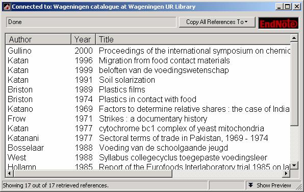 Add references to a library 23 "Wageningen catalogue at Wageningen UR Library" in the title bar. If this box is not checked, the searches are performed in your own EndNote library. Figure 16.