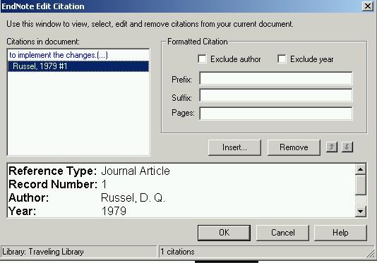 Editing In-text Citations Manual editing of citations inserted using EndNote will not work so it is essential that you use the Edit Citation function available from the Tools menu in Word.