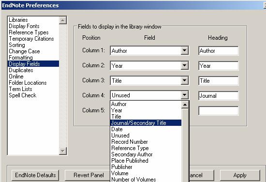 EndNote 7 Workbook page 11 of 24 09/20/05 PART D: GETTING STUFF OUT (11 14) 11) CHANGE Library Display Window: To change default display a) Select EDIT/ PREFERENCES from the top menu bar b) Select