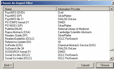 txt) c) IMPORT OPTIONS: select an import filter; i) click the drop down menu to select OTHER FILTERS ii) this will open the Choose An Import Filter window iii) then choose PubMed (NLM) d) DUPLICATE:
