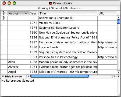 The Library Window When you open the Paleo Library you see the Library window listing all of the references that the library contains: Move column dividers to set column widths The Library window