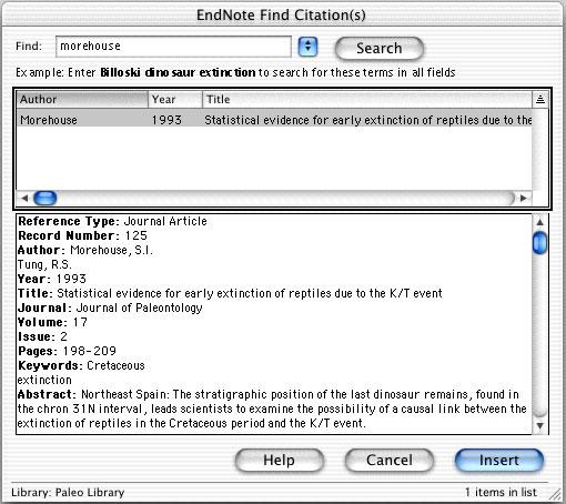 4. The EndNote Find Citations dialog appears. Type the author name Morehouse in the Find box and click Search. EndNote lists the matching references.