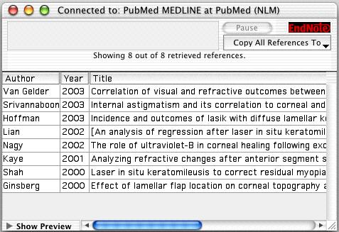 The references are downloaded and appear in the Retrieved References window for the PubMed Database connection.