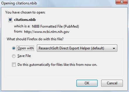 Windows: If you see this dialogue box, choose the [Open with] option, and use the dropdown list to select the program ResearchSoft Direct Export Helper. Click [OK].