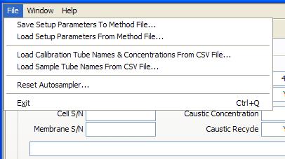 MENU ITEMS File Save Setup Parameters To Method File Load Setup Parameters From Method File Load Calibration Tube Names & Concentrations From CSV File Load Sample Tube Names From CSV File Reset