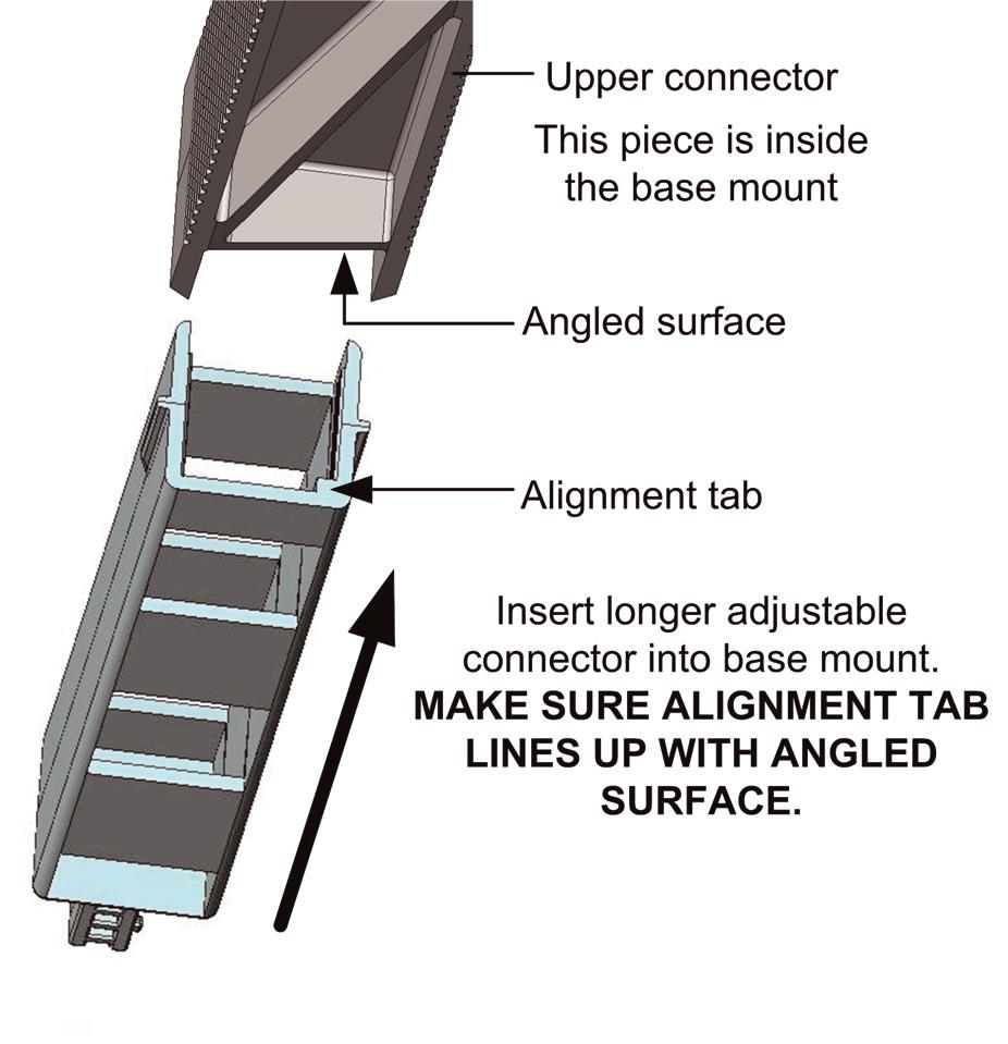 If using the longer connector, install it now, BEFORE INSTALLING BASE MOUNT ON ROOF. Pull out the existing adjustable connector from upper connector located in the base mount.