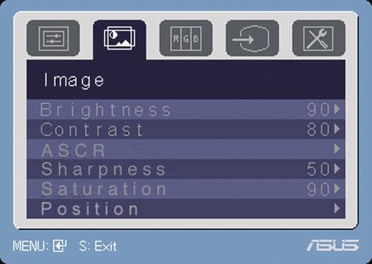 2. Image You can adjust brightness, contrast, sharpness, saturation, position (VGA only), and focus (VGA only) from this menu. Brightness: the adjusting range is from 0 to 100. activate this function.
