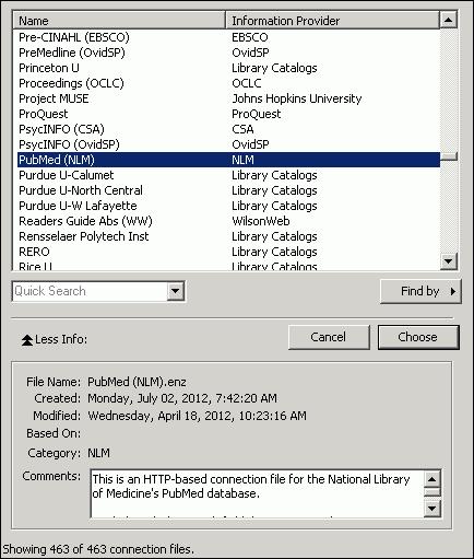 To import the sample PubMed text file into the sample library: 1. From the File menu, select Import File. 2. Click the Choose button to display a file dialog. 3.
