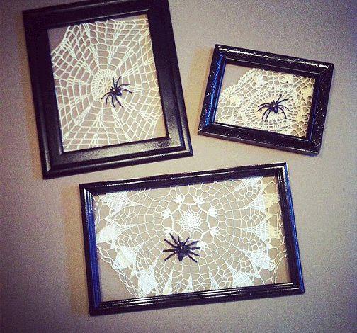 .. Doilies mounted in embroidery hoops or picture frames become fun spooky