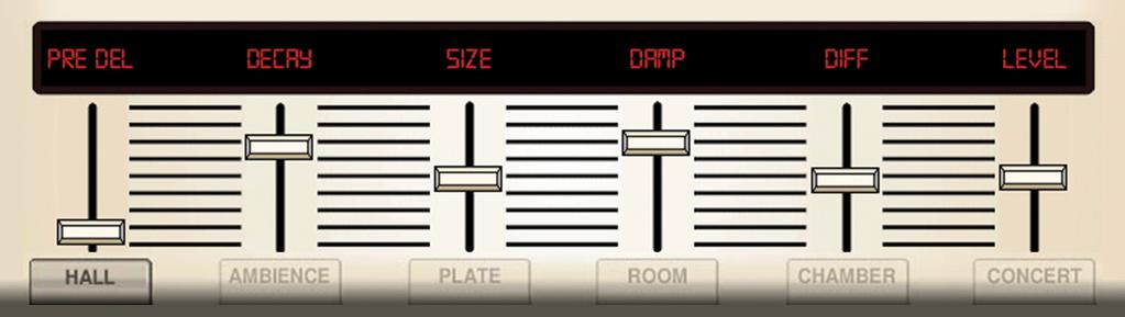 The HALL REVERB effect provides a broad spectrum of reverberation possibilities, from small room to large, or even cavernous proportions.
