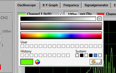 3.2 Setting the Colors C. Zeitnitz 12/2012 The colors of the graphs and grid (oscilloscope and xy-graph) can be set by clicking on the colored legends.
