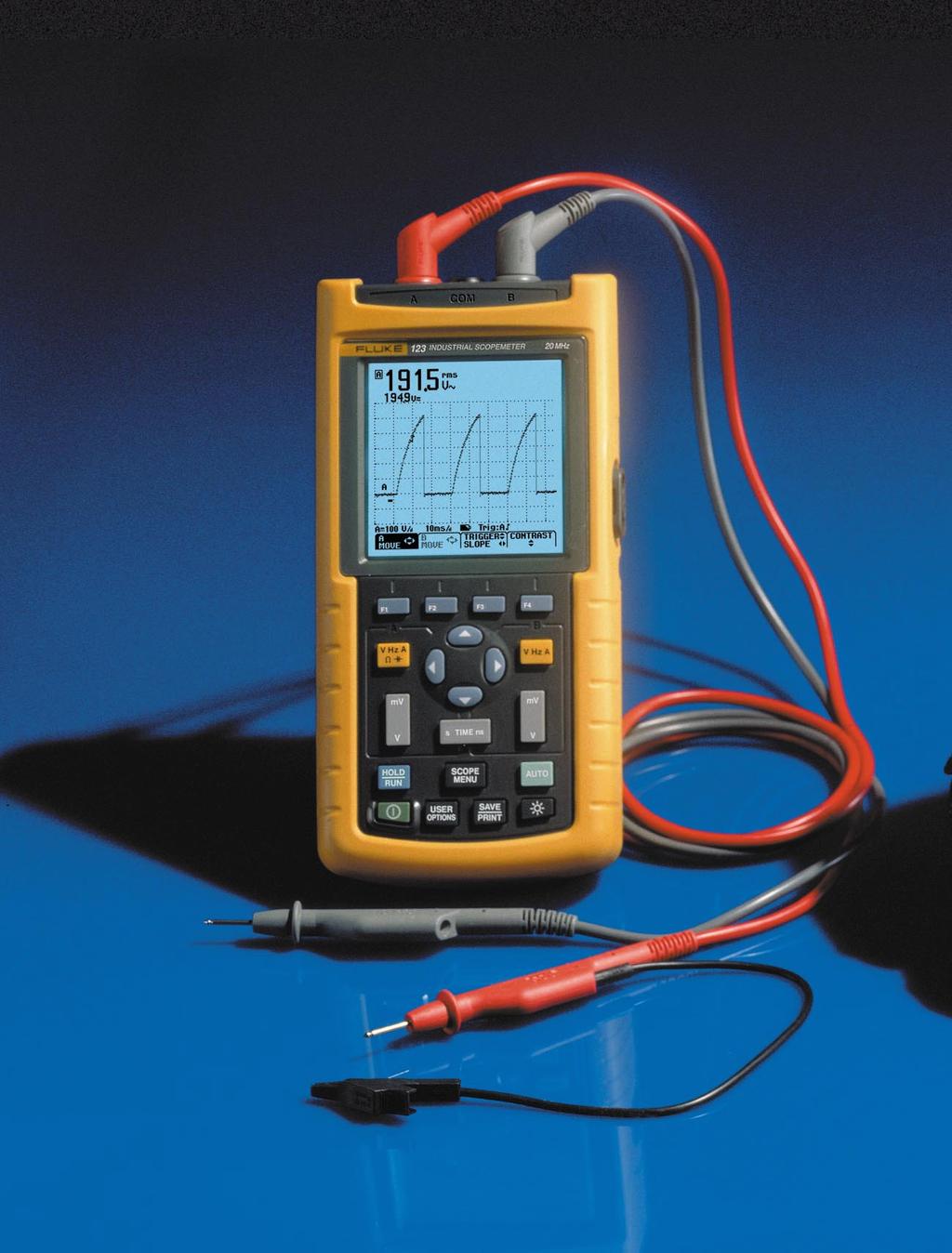 Oscilloscopes for field applications ScopeMeter 123: Three-in-one simplicity The compact ScopeMeter 123 is the rugged solution for industrial troubleshooting and