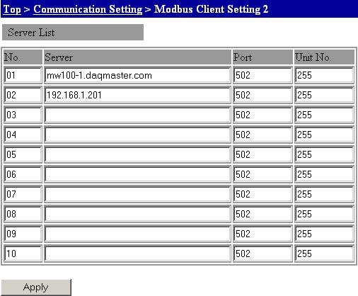 3.2 Communication Settings Modbus Client Setting 2 Register the server to which commands are sent. Use the number of the registered server for Modbus client setting 3. 1.