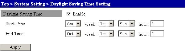 3.3 System Settings Daylight saving Time Setting 1. From the top screen, click System Setting > Daylight Saving Time Setting. 3 Other Settings 2. Select the Daylight Saving Time check box.