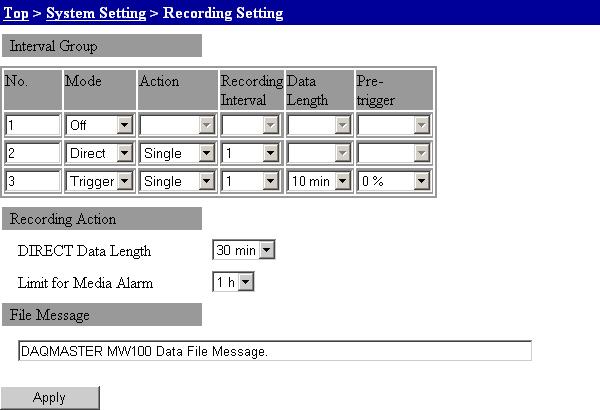 3.4 Setting Acquisition Conditions for Measured/Computed Data Measurement/Computation Recording Operation Settings 1. From the top screen, click System Setting > Recording Setting.