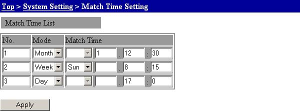 Setting the Match Time From the top screen, click System Setting > Match Time Setting. 3.11 Timer and Match Time Settings 3 Monthly Timeup 1. Select Month in the Mode list. 2.