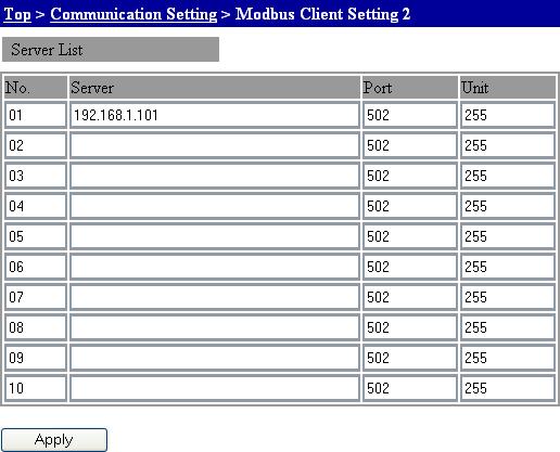 Appendix 2 Setting Data Communication That Uses Modbus Protocol Client Setting 2 Enter settings for the destination server.