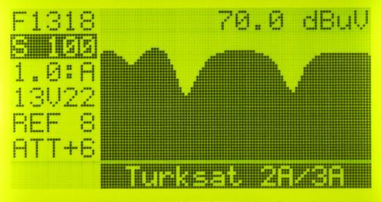RF signal levels are displayed on the graphic screen. The peak spots on the screen indicate the areas which are strong in terms of signal power. Moreover, if we are using the Diseqc 1.