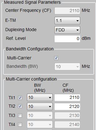 Fig. 3-18: Multicarrier settings. More advanced settings for specific tests cases are described in the corresponding sections below. 3.2 Base Station Output Power (Clause 6.