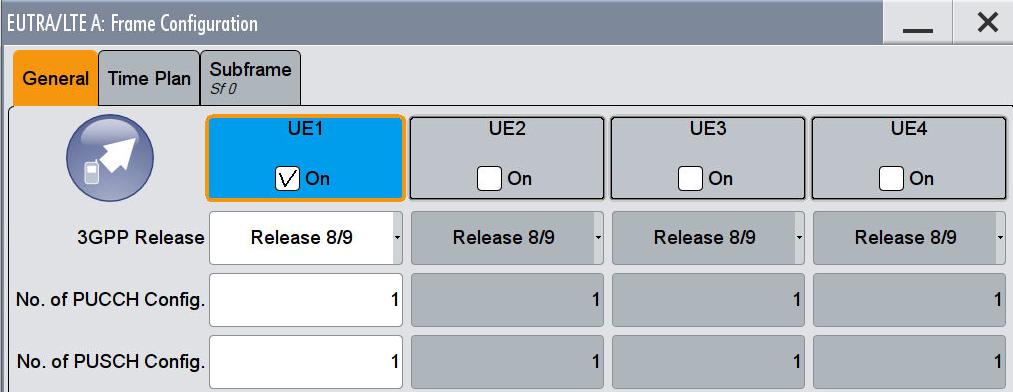 Fig. 3-55: Displaying the simulated UE1. The UE parameters can be entered with a mouse click. Fig. 3-56: Setting the FRC for the UE.